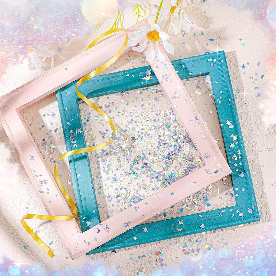 กลิตเตอร์โฮโลแกรมรูปดาวและพระจันทร์ 60 กรัม 2.1 ออนซ์ กลิตเตอร์วิ้งๆ แบบเมทัลลิกสำหรับตกแต่งโต๊ะ กลิตเตอร์สีรุ้ง กลิตเตอร์ฟอยล์