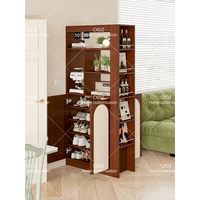 Retro Entryway Shoe Cabinet with Self Viewing Partition Foyer Storage Unit Light Luxury Wall Decorative Screen for Living