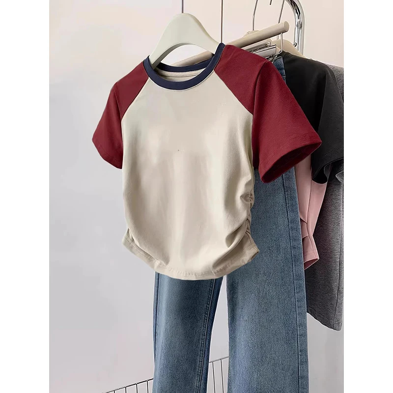 ドーパミン サマー 半袖 ラウンドネック Tシャツ オーバーサイズ 多用途 ベースレイヤーシャツ 韓国風 通勤 コットンブレンド