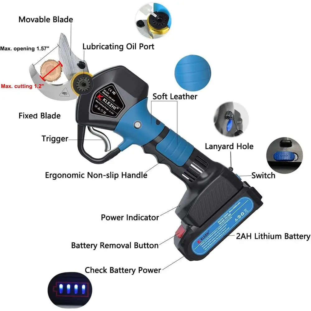 Sécateur électrique professionnel sans fil, avec 2 pièces de secours, batterie au Lithium Rechargeable de 2ah, alimenté par un branche d'arbre