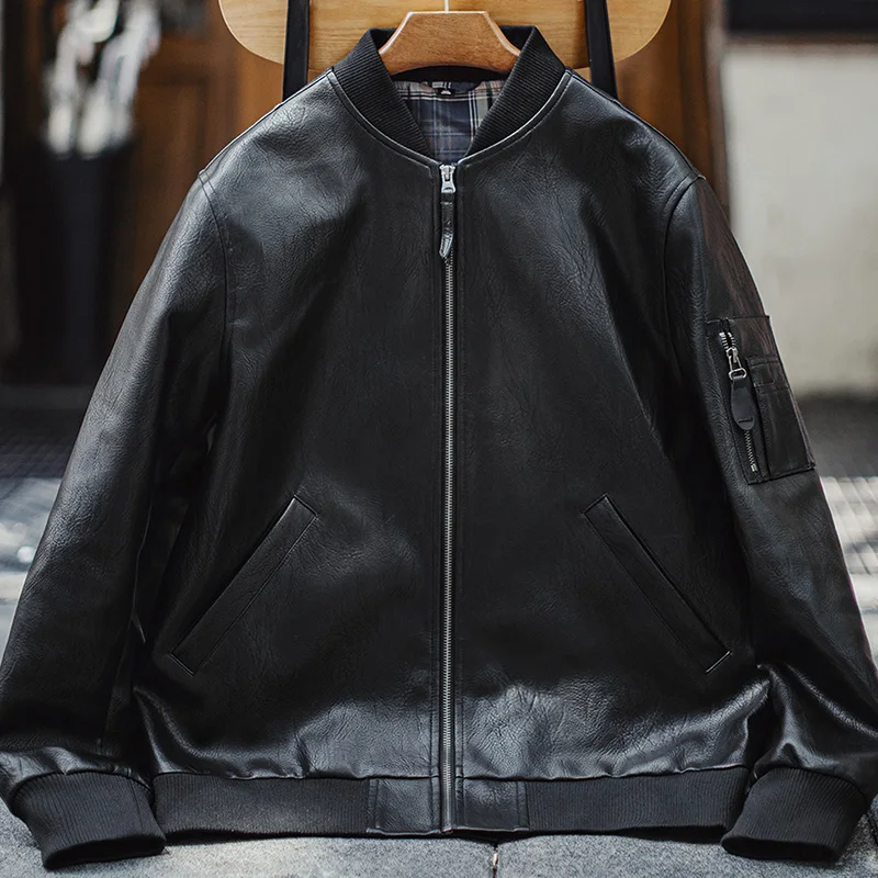 Maden Men's Vintage MA-1 Bomber Jacket Black Short Faux Leather Coat 380gsm PU Textured Pilot Jacket for Fall Streetwear
