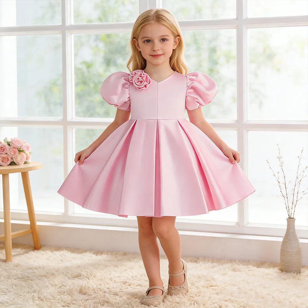 

Summer Fashion Children Girls Pink Rose Appliques Princess Dress For Kids Wedding Birthday Party Formal Evening Pageant Vestidos