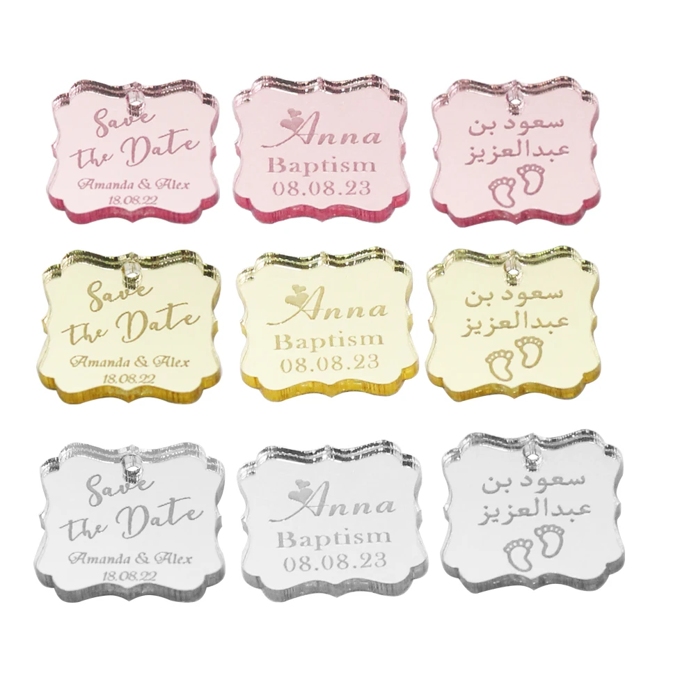 50/60/100pcs spersonalizowane grawerowane lustro zawieszka na prezent plakietki weselne akrylowe nakładki do ciastek Charms Baby Shower Favor