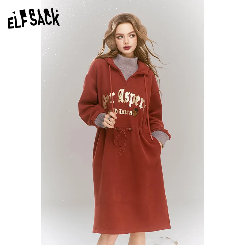 ELFSACK 2024 Winter New Arrivals Loose casual printed fleece hooded dress for women, with drawstring waist cinching, letter prin