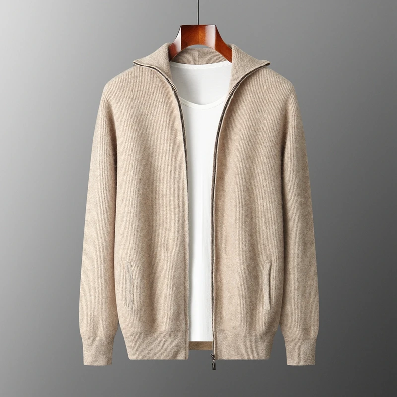 

Autumn Winter Man High Collar Zipper Cardigan Sweater Thick Warm Knit Wool Jacket Men 100% Merino Wool Sweater Casual Top Coat
