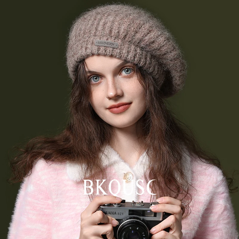 Coarse Wool Hand Woven Women Beanie 55-60cm Elastic Stylish Soft Woolen Winter Warm Literary Painter Hat Metal Label Knit Berets