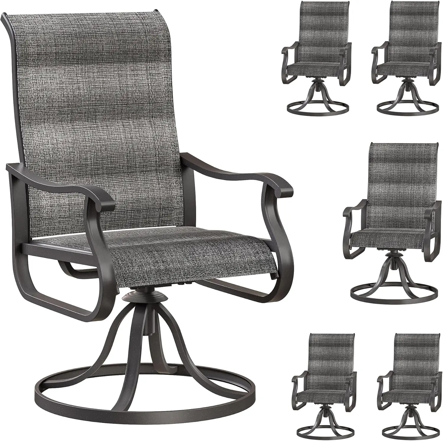 Patio Swivel Chairs Set of 6, Outdoor High Back Dining Rocker Chairs for Lawn, Porch & Garden (Padded Dark Grey)