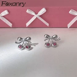 Foxanry Pink Zircon Bowknot Stud Earrings For Women Girls Creative Design Sweet Exquisite Elegant Wedding Bride Jewelry Gifts