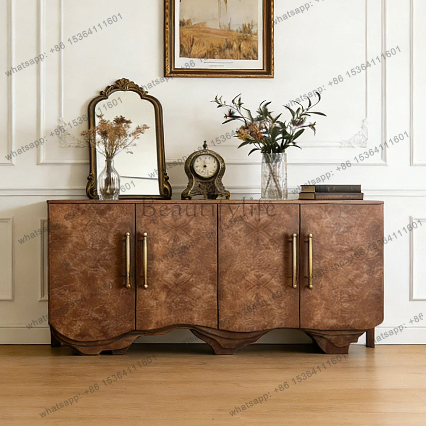 

American retro solid wood entrance cabinet nodule pattern second-hand storage creative art sideboard integrated against the wall