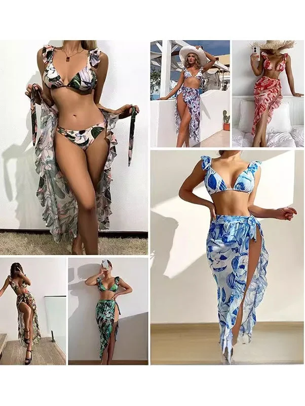 

Sexy Bikini Women's Swimsuit Tee-Piece Set Ruffle Dyed V-Ne Polyester Material with Chest Pad No Steel Support