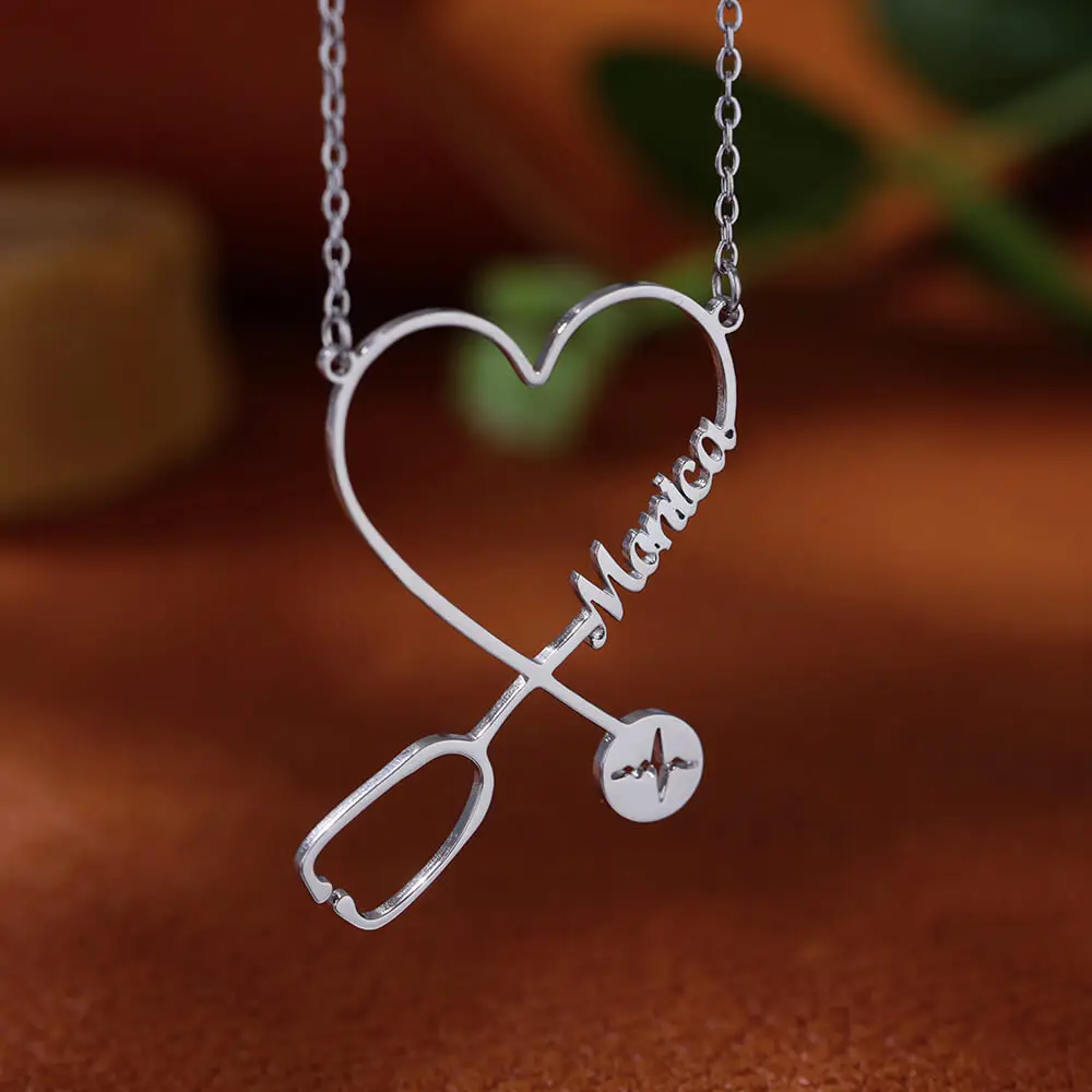 Custom Name Heart Stethoscope Necklace for Women Stainless Steel Customized Stainless Steel Jewelry Gift for Nurse Doctor