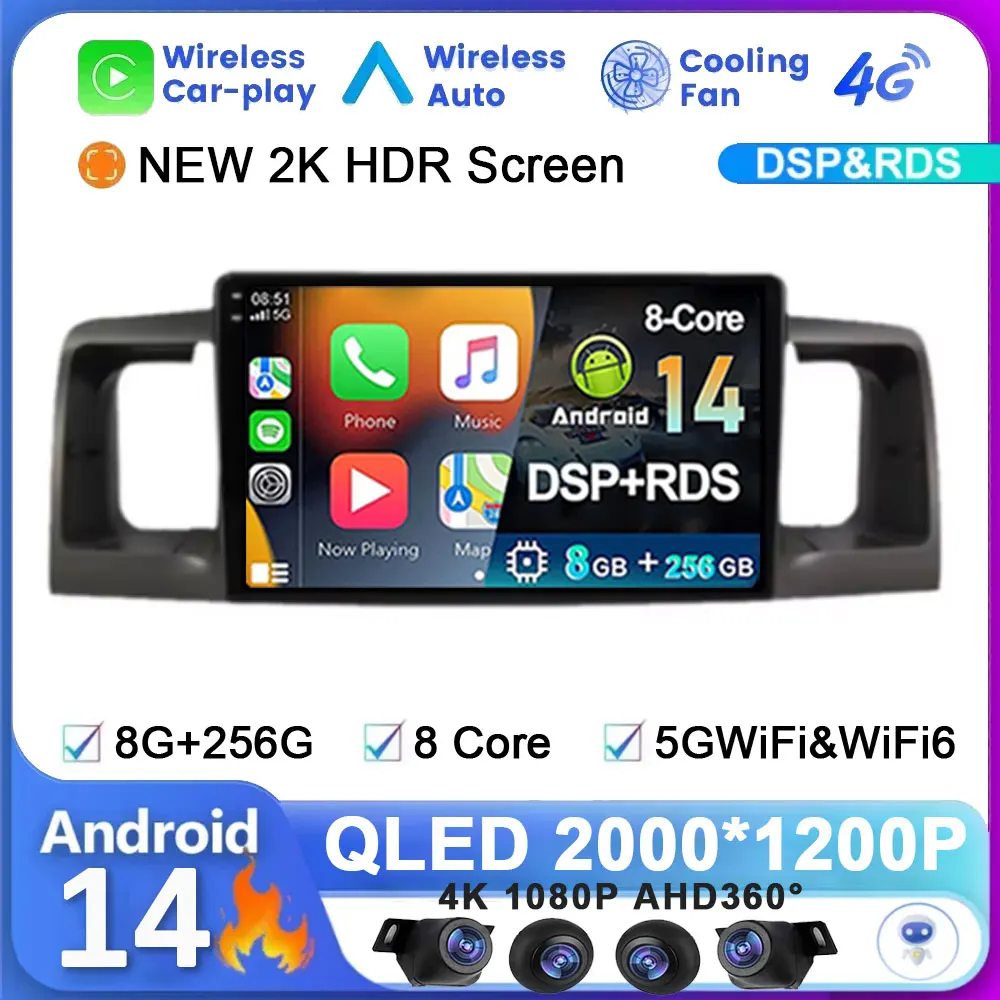 

Android 14 для Toyota Corolla E120 E 120 BYD F3 2007-2011 DSP система 4G NET автомобильный радиоприемник Carplay мультимедийный видеонавигатор плеер