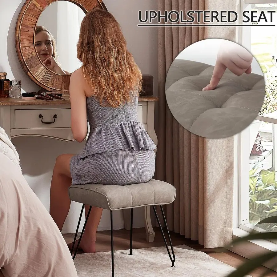 Bancos de vaidade de couro, cadeiras de fezes de vaidade para maquiagem fezes de pé de couro falso otomano com perna de metal compõem cadeiras para vaidade