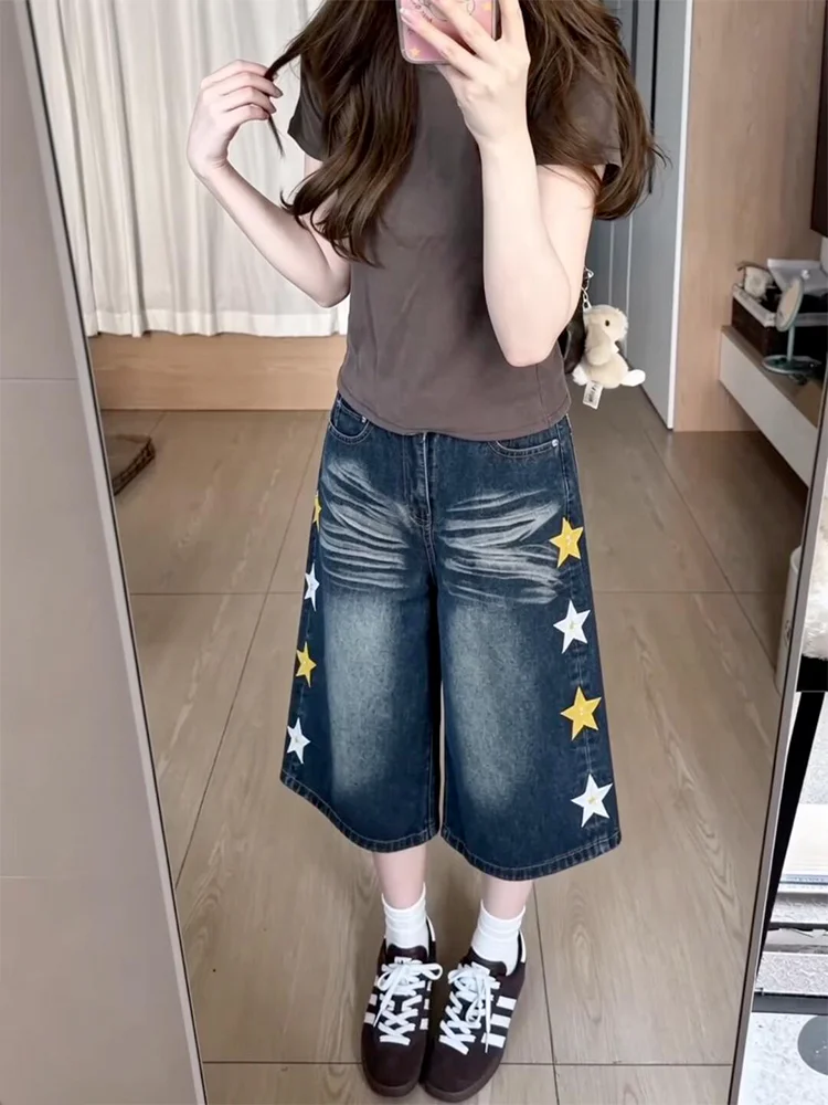 

Loose Fit American Retro Star Embroidery Jeans Shorts Women Summer Casual Slim Wide Leg Denim Cut-Offs High Waist