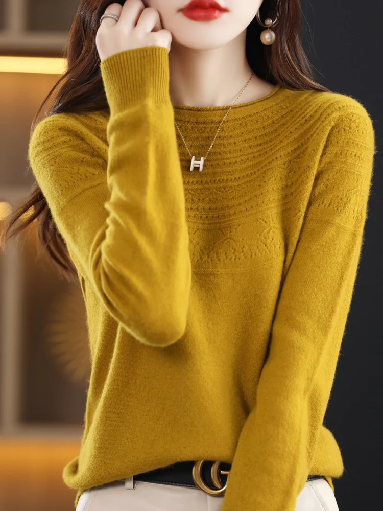 Hot Sale Slash Neck Classics Hollow Out 100% Cashmere Merino Wool Women Seamless Casual Loose Fit Sweater Pullover Clothing