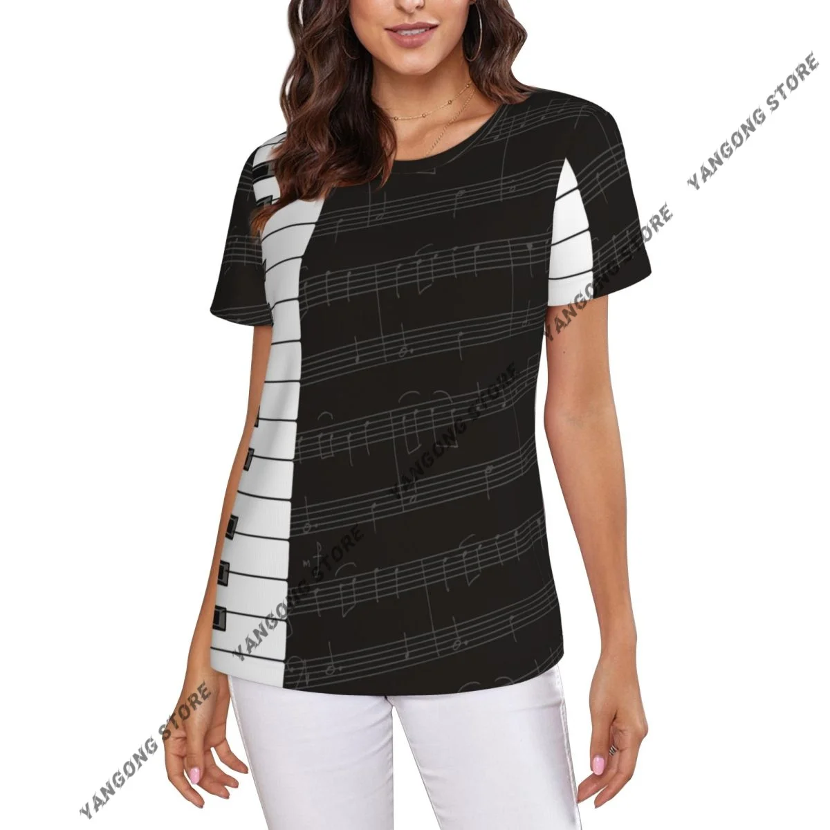 Women's T-shirt Piano Keys And Notes Print Tshirt Women Casual O-Neck Short Sleeve Tops Tees Clothing