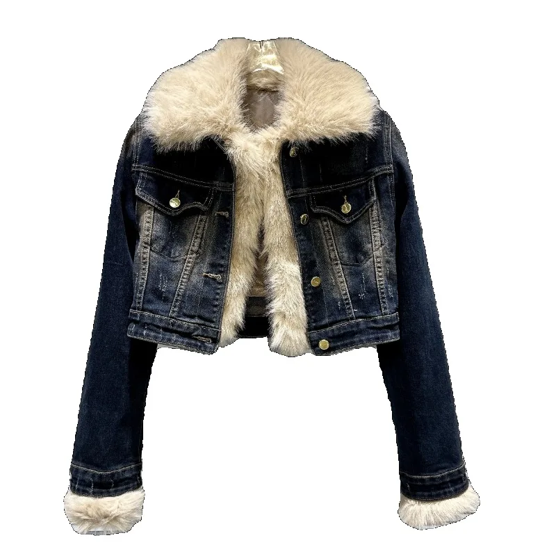 2023 Autumn New Streetwear Hot Girl Environmental Protection Furry Wash Inside Quilted Denim Jacket Short Coat Chaqueta De Mujer