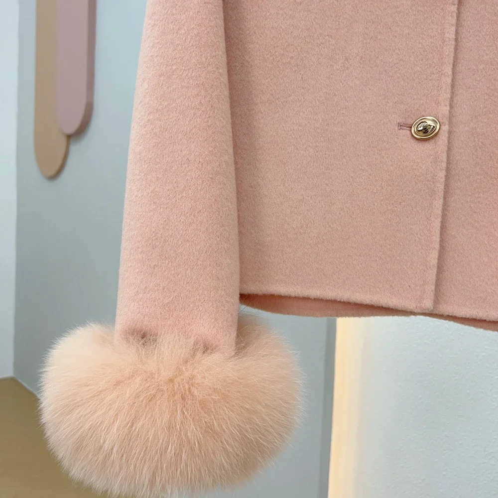 2025 Wool Woolen Women coat fur jacket New Winter Real Natural Fox Fur Cuff Coat Ladies Outwear Female Coat Cashmere Luxury