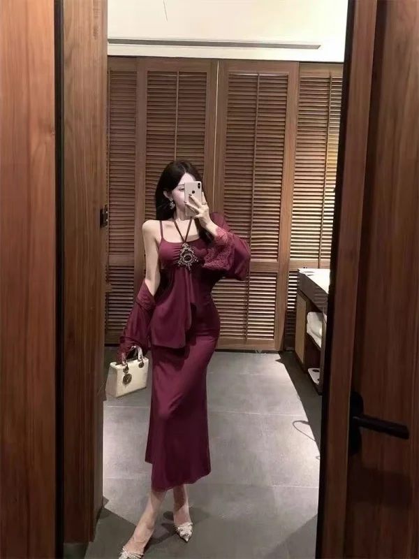 Pure Desire Elegant Two-Piece Set Early Autumn Party Open Cardigan Strapless Midi Dress Purple Complete Set Fashionable Women...