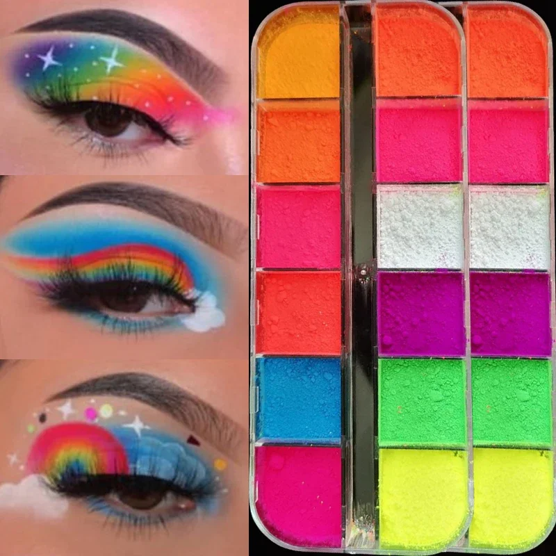 12 colori Neon Eyeshadow Palette Matte fluorescente Pigment Eye Makeup Palette Glitter Lasting Eyeshadow Palette Nail Art Powder