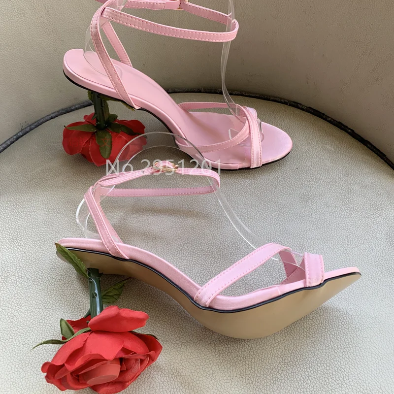 

Newest Bloomy Rose Heel Sandals Women Sexy Satin Narrow Band Ankle Stap Pink Heels Red Green Gold Party Shoes Summer