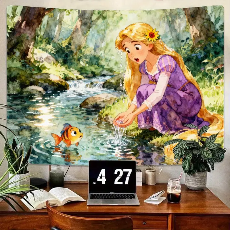 

1 шт., акварельный гобелен принцессы Диснея Рапунцель, настенное искусство «Зачарованный лесной поток», эстетический кавайный декор для комнаты, подарок для фанатов