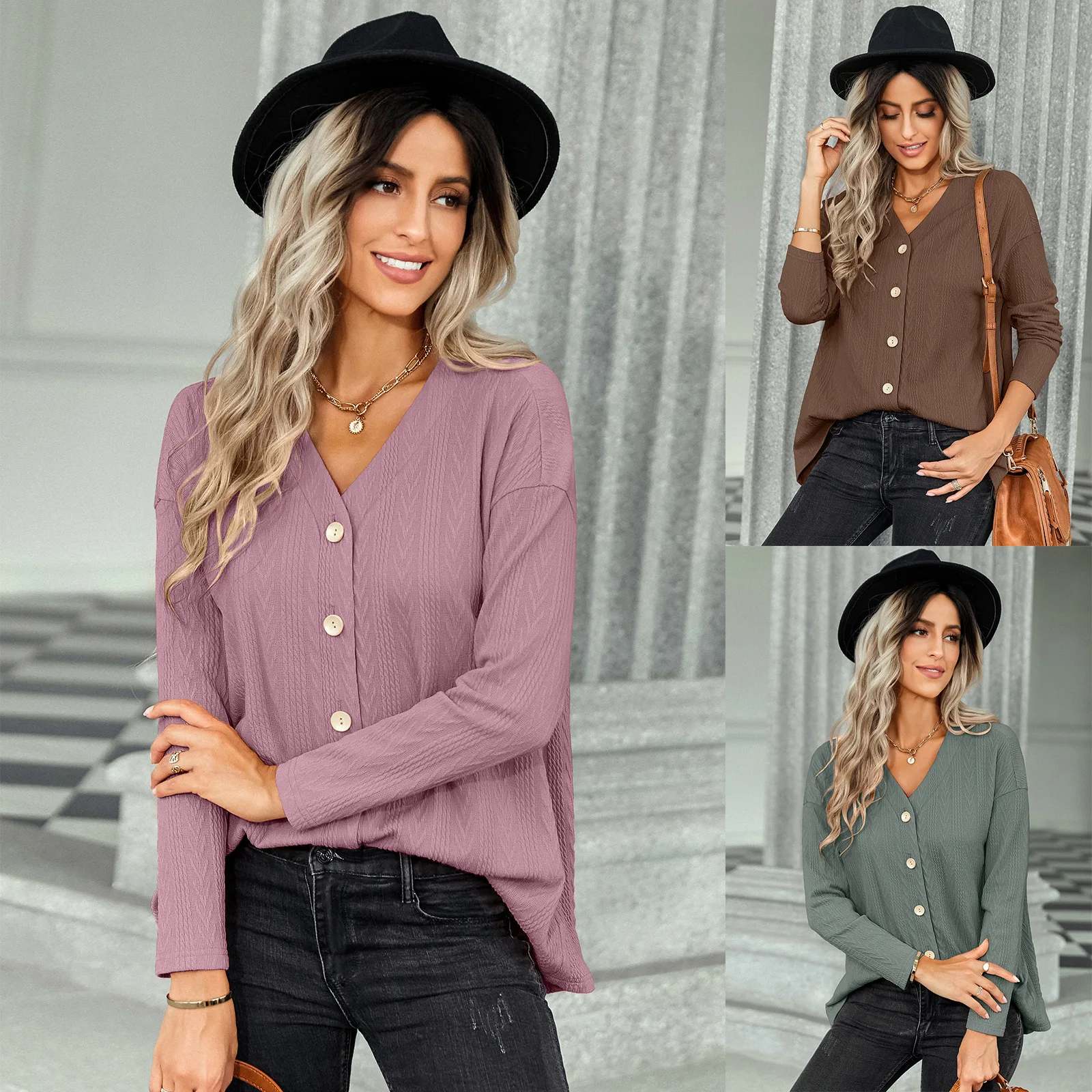 2024 New Spring and Autumn Women's Fashion Style Casual Commuter Top Solid Color V-neck Versatile Knitted Cardigan Coat