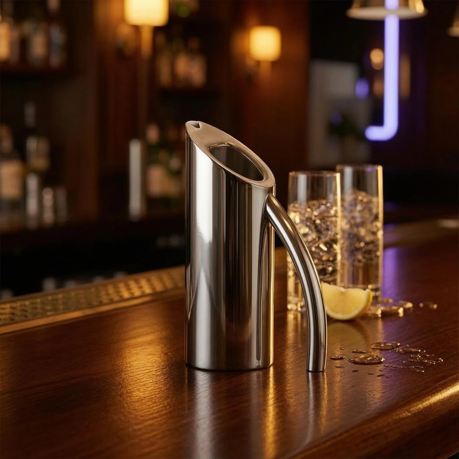 Stainless Steel Water Jug Straight-Body Stainless Steel Pitcher Metal Water Pitcher Curved Handle Pouring Jug Slanted Spout