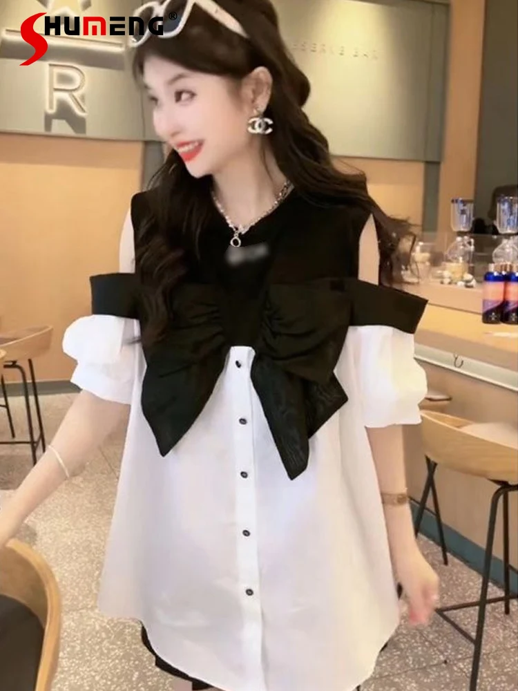 

Ladies Fashion Single Row Multi-Buckle Shirts Female 2024 Summer Bow Stitching Design Off-the-Shoulder Half Sleeve Shirt