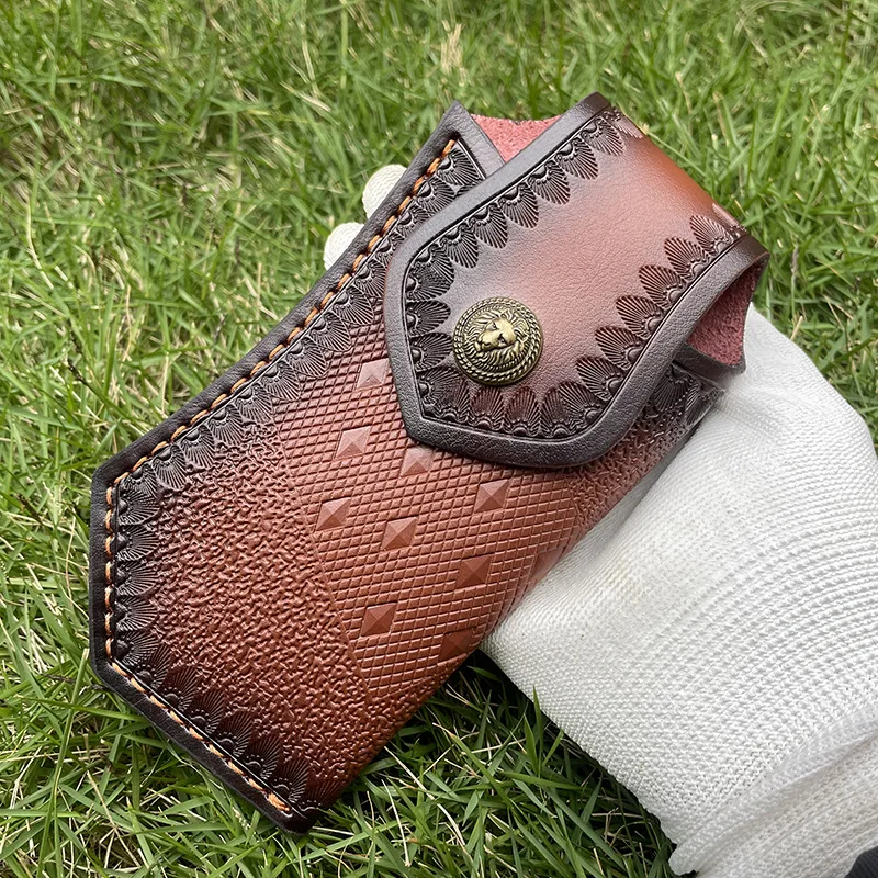 Foling Knife Holder Embossed Cowhide Scabbard Pocket  Knife Cover Second Layer Leather Case Camping Knife Holsters Belt Buckle