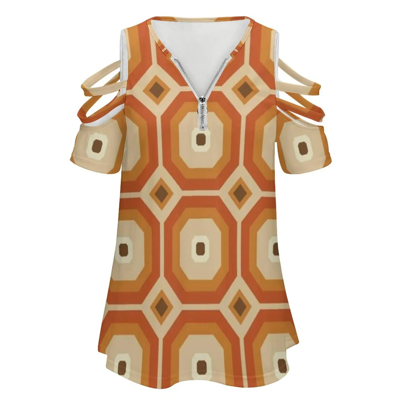 Brown , Orange And Ivory Geometric Retro Octagon Pattern Women'S T-Shirt New Fashion Printed Zipper V-Neck Short Sleeve T