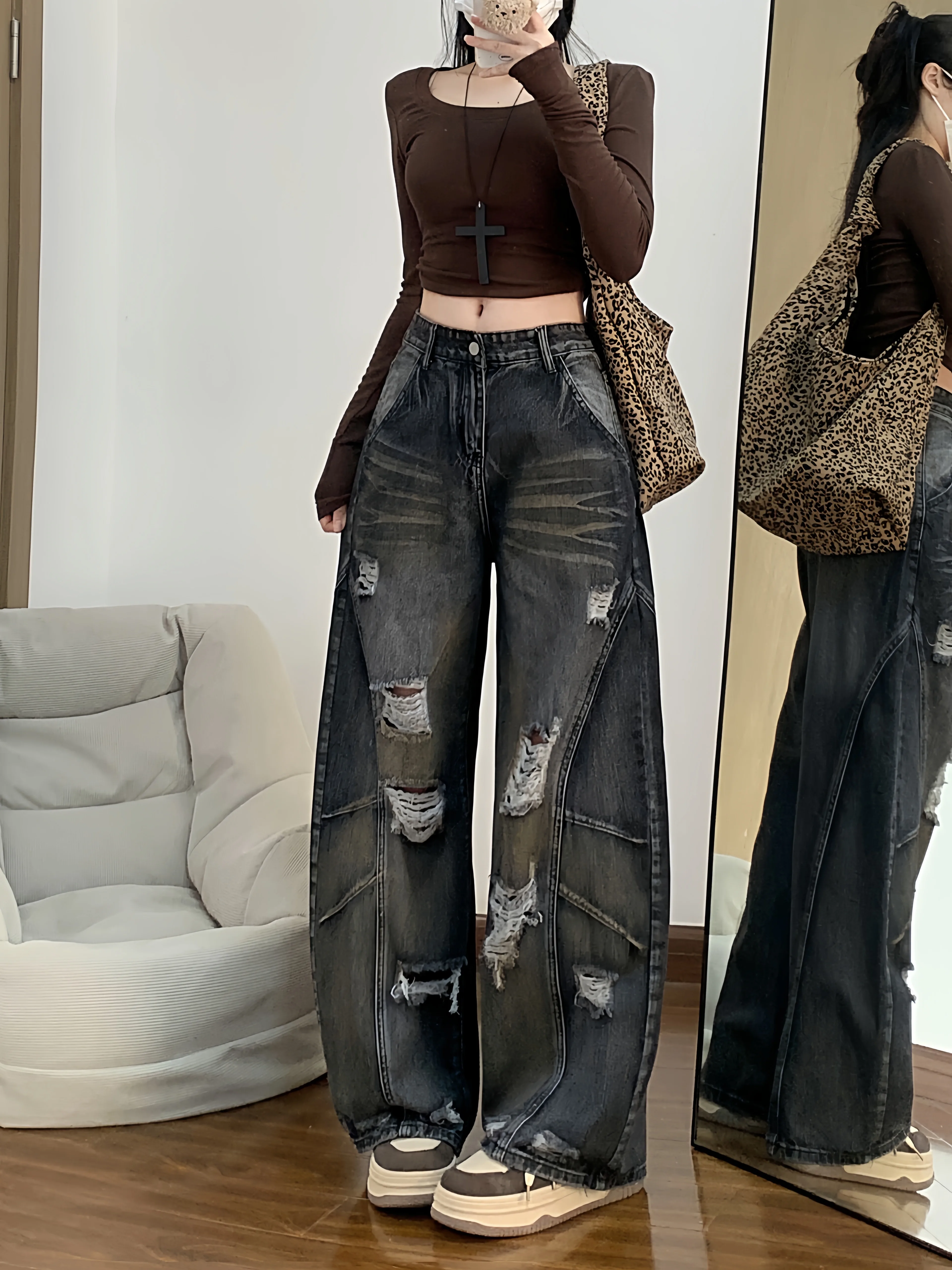 Women's Black Gothic Jeans Y2K Cargo Baggy Japanese Harajuku Streetwear American Wide Leg Retro Jeans Denim Pants Clothing 2026