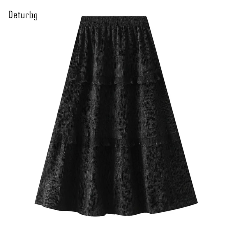 

Women's Elegant Solid Color Corduroy Tiered Skirt Casual High Waist Lace Ruffled Black A-Line Long Cake Skirts 2024 Autumn K427