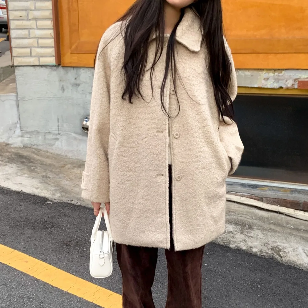 

Ele mat Women's Woolen Coat Gentle Subtle Single Button Circle Woolen Outerwear Long Sve Commute Sle