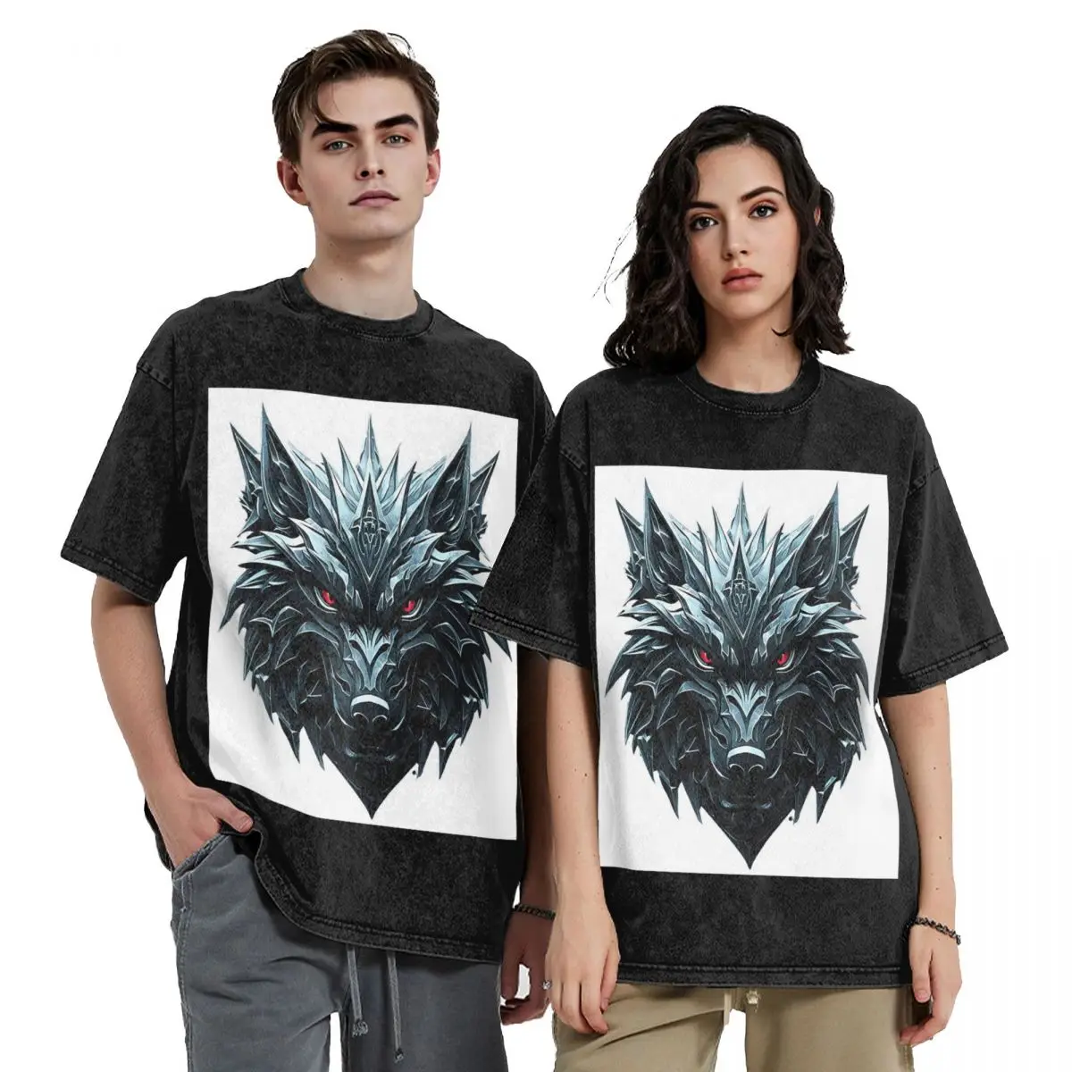 

Red-Eyed Wolf Hip Hop Short Sleeve T-Shirts Washed Tops Tees Streetwear T Shirt Cotton for Men Women