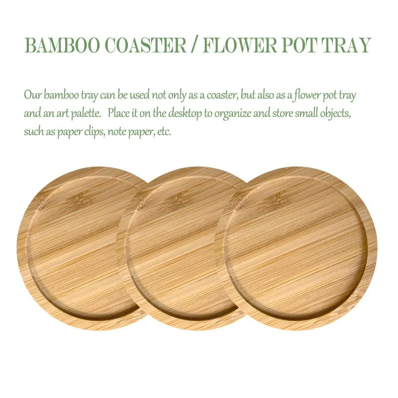 3PCS Round Bamboo Tray Saucer Flower Pot Tray Cup Pad Coaster Plate Kitchen Decorative Plate Creative Coaster Coffee Cup Mat