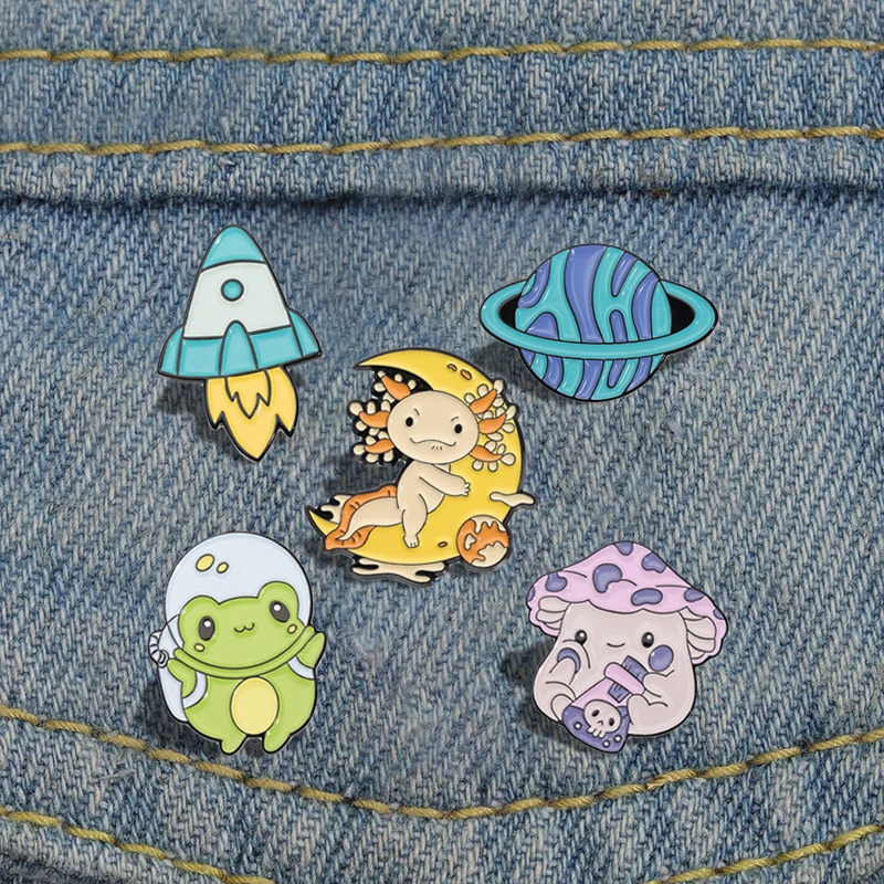 Cute Astronaut Animal Enamel Pins Custom Frog Salamander Rocket Planet Brooches Lapel Badges Animal Jewelry Gift for Friends