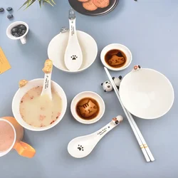 Cute Cat Ceramic Rice Bowl Cartoon Cats 3D Household Hot Pot Salad 250ml Children's Bowl Spoon Kitchen Tableware 2025 New