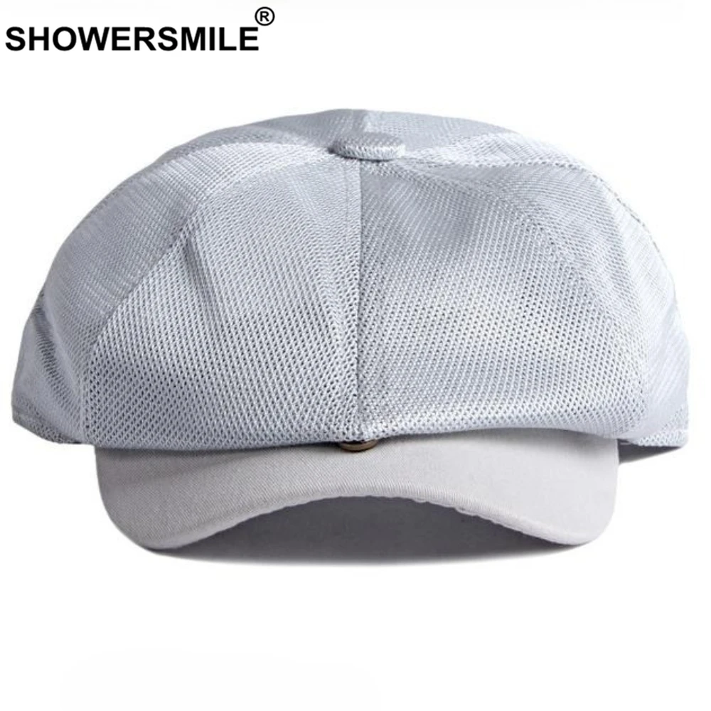 

SHOWERSMILE Gray Summer Newsboy Cap Men Women Breathable Mesh Flat Cap Solid Brand Cabbie Driver Hat Retro Vintage Beret Boina