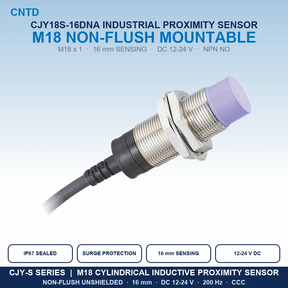 M18 Inductive Proximity Sensor CJY18S-16DNA NPN NO 3-Wire Non-Flush Unshielded 16mm IP67 Metal Detection Switch DC 12-24V 200Hz