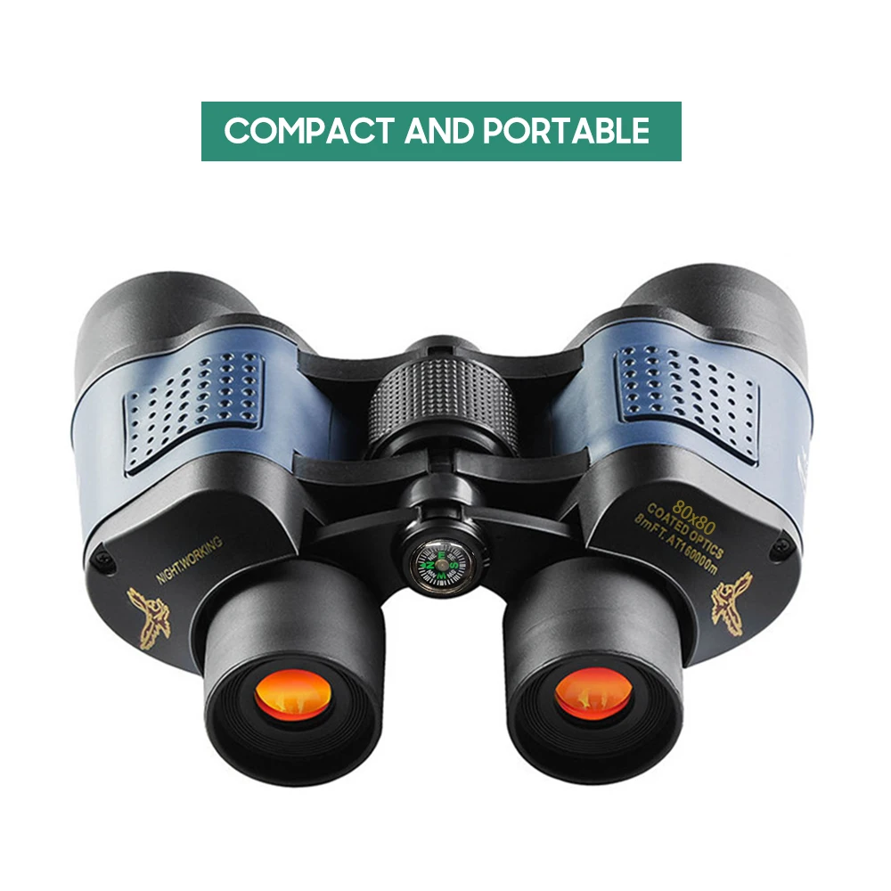 BAK4 Prism 80x80 Binoculars Low Light Night Vision Waterproof Binoculars with Compass and Carrying Lanyard for Outdoor camping