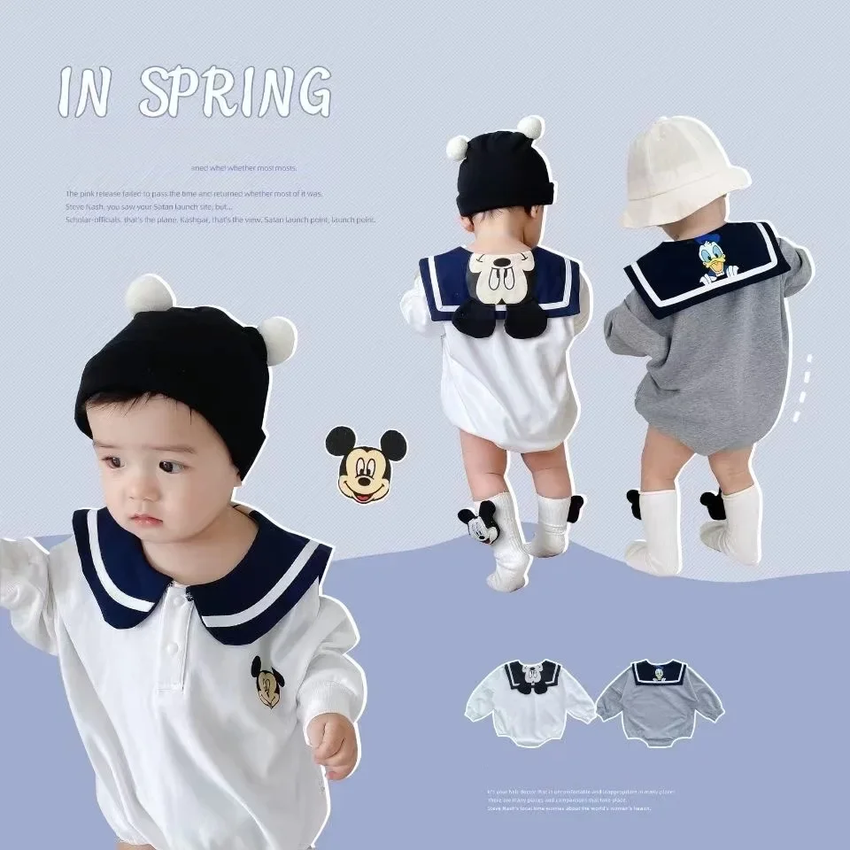 Spring Newborn Baby Rompers Socks Set Cartoon Mickey Mouse Donald Boy Girl Jumpsuit Infant Costumes Cotton Long Sleeve Bodysuits