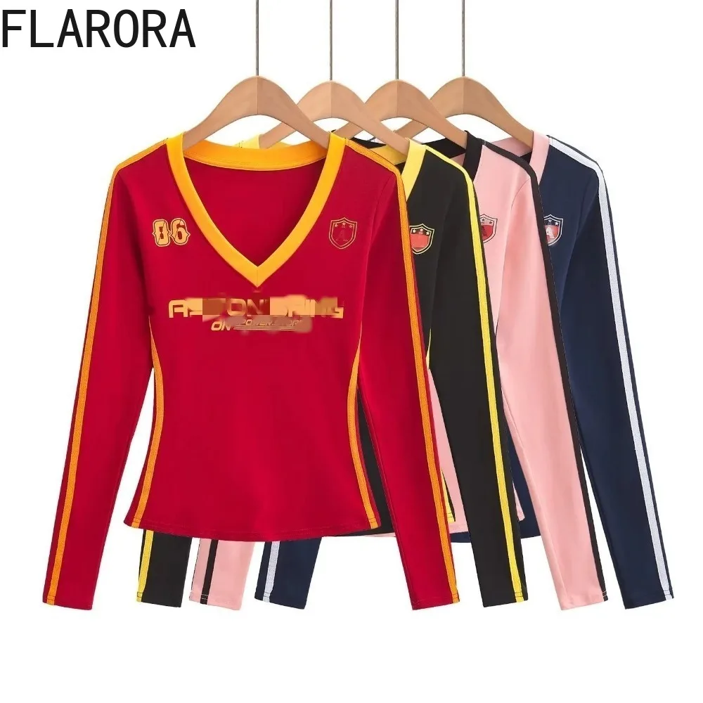 FLARORA Vintage Patchwork Letter Printing Two Piece Sets Woman V Neck Long Sleeve Slim Fit Tops And Drawstring Shorts Tracksuits