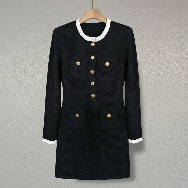 

Women French Knit Color Matching Round Neck Small Fragrance Long Sleeve Knit Dress Fashion Casual Vintage lady Chic Short Dress