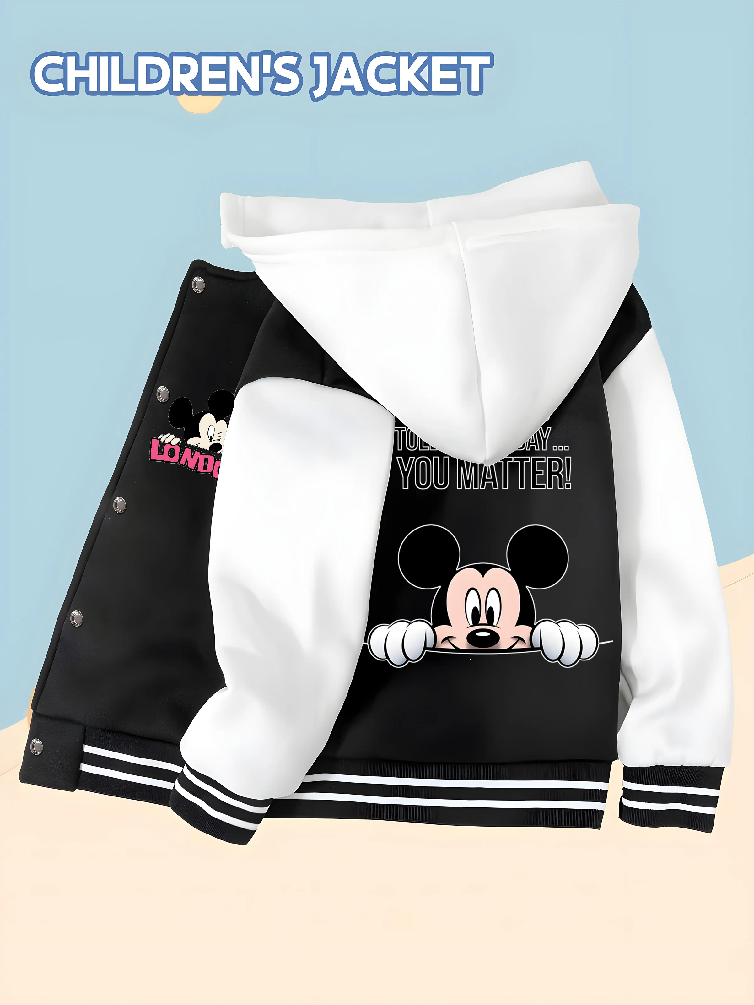 

MINISO Disney Fun Mickey Men's Baseball Boys Jacket - Classic Cartoon Double-Sided Fashionable and Comfortable Fabric