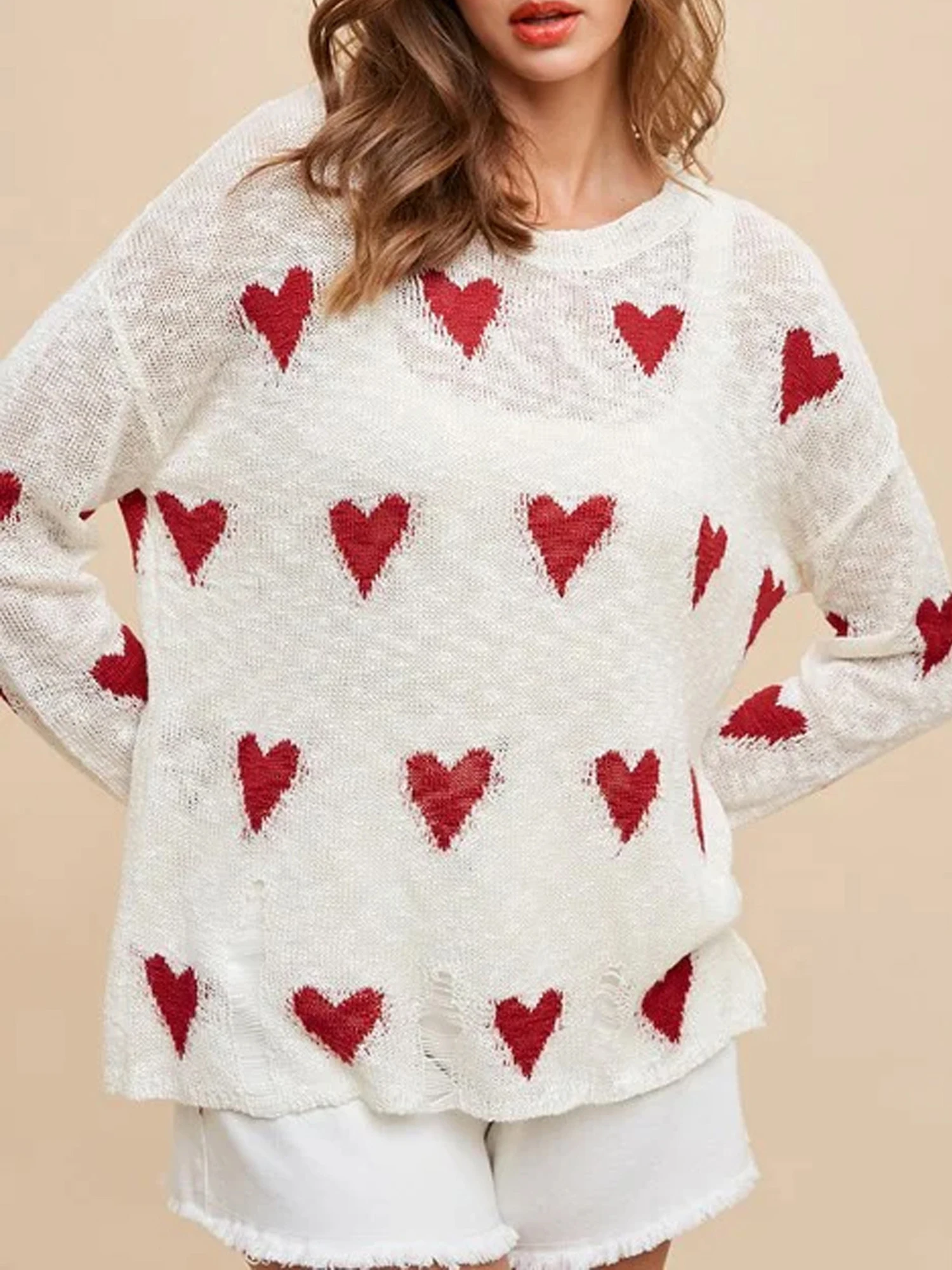 Women s Cozy Heart Patterned Sweater with Distressed Detailing and Long Sleeves - Perfect for Autumn Fashionistas