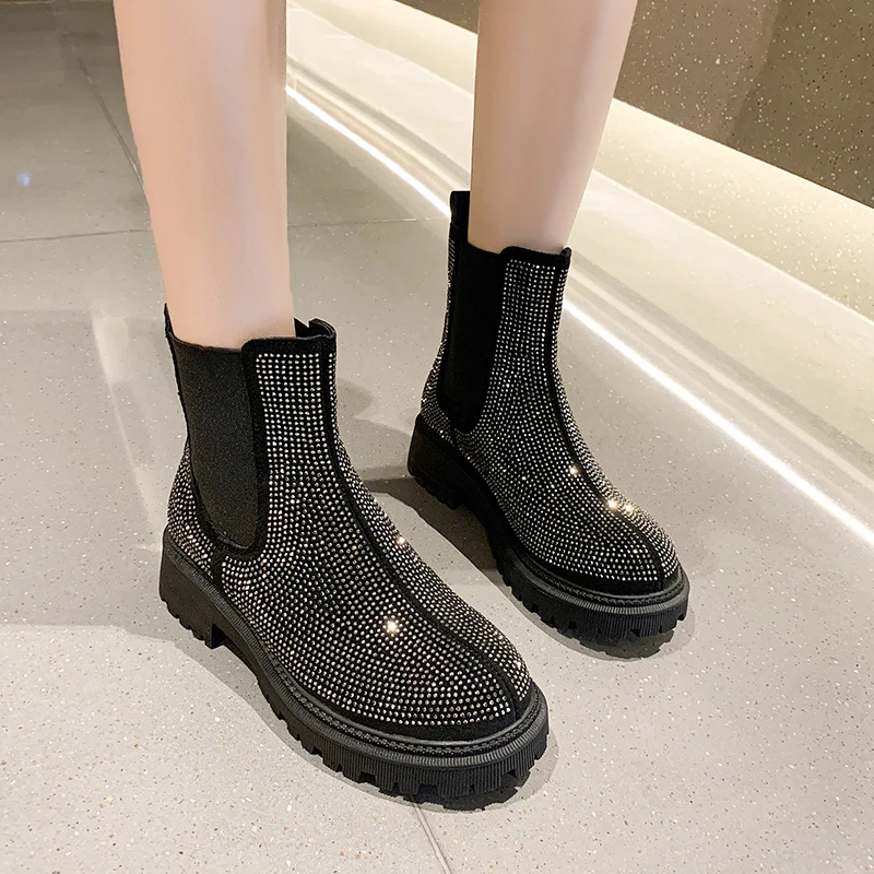 Ladies Shoes 2023 High Quality Slip on Women's Boots Winter Round Toe Solid Rhinestones Sequins Platform Water Proof Shoes Women