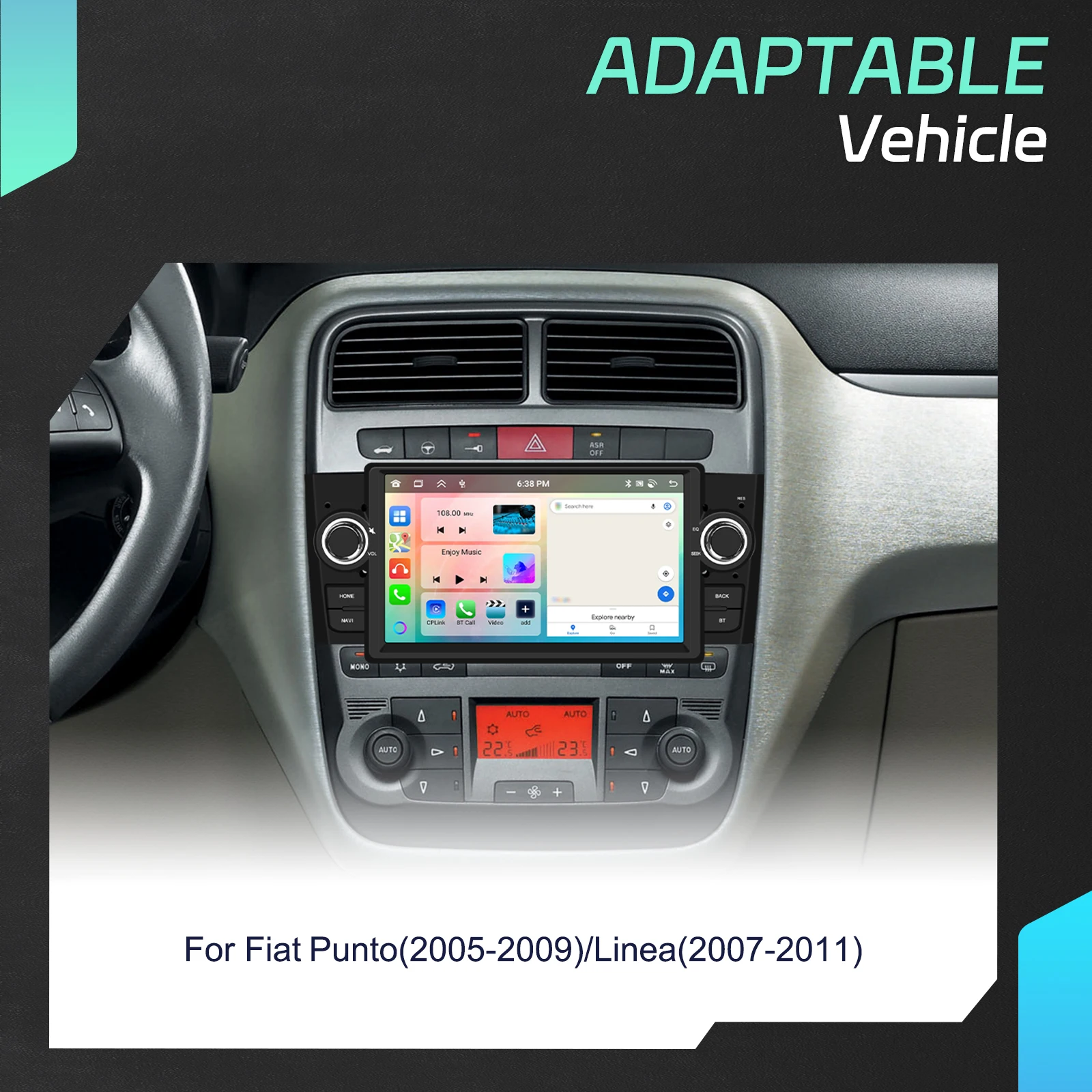 Podofo 9-Zoll Carplay 2Din Autoradio für Fiat Punto 2005-2009 Linea 2007-2011 Android Auto Multimedia-Player GPS-Navigation WiFi FM/RDS DSP – Detail 2