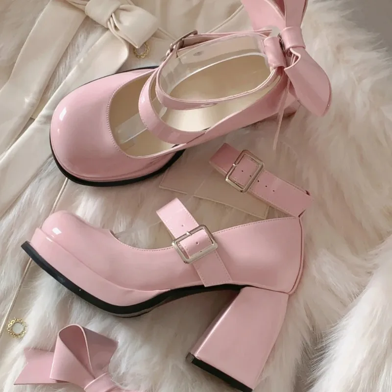 

Lolita Shoes Pink Kawaii Shoes Leather Bow Platform Mary Jane Single Shoes Womens Sweet High Heels Japanese Original Pumps