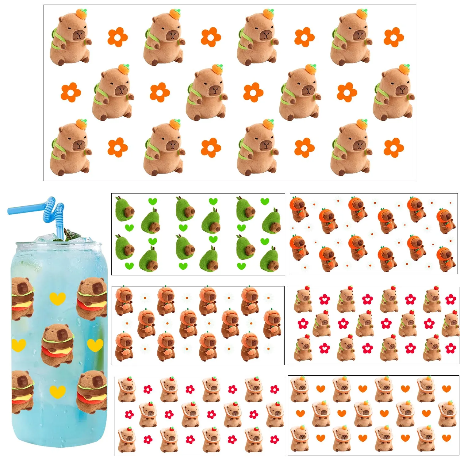 1/5 sheets bundle Cute mini capybara waterproof DIY Decoration Decals 3D transfers uvdtf tumbler stickers 16oz uv dtf cup wraps